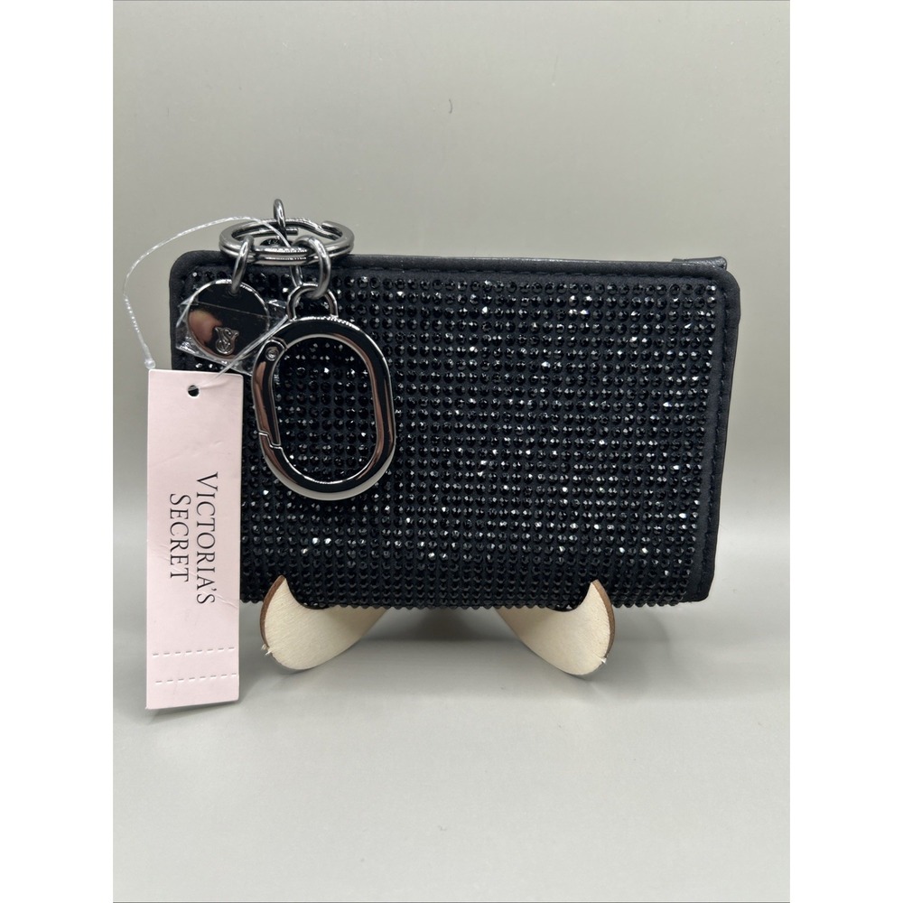 Victoria's Secret Black Small Wallet Foldover Coin Keychain Bling Rhinestone NWT